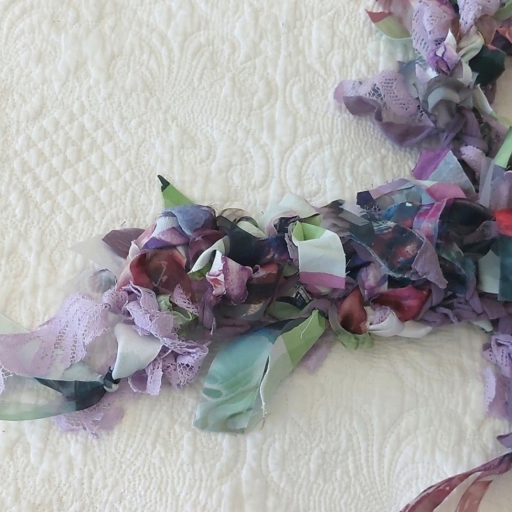 Art Scarf Upcycled Mixed Media Lace Satin Cotton Lavender Floral - Picture 6 of 8